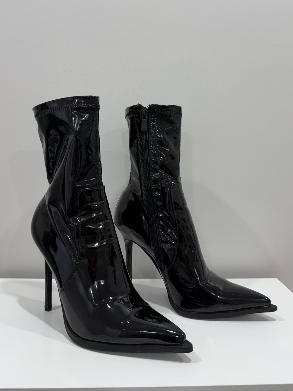 Black Patent Pointed-Toe Stiletto Ankle Boots